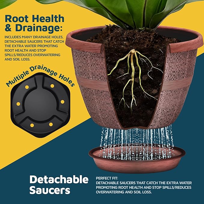 10-Inch Whiskey Barrel Planters Outdoor Pack of 20 - Durable Plastic Plant Pots for Indoor & Outdoor Use with Drainage & Saucer, Lightweight Rustic Barrel Planters for Flowers, Herbs & Small Plants
