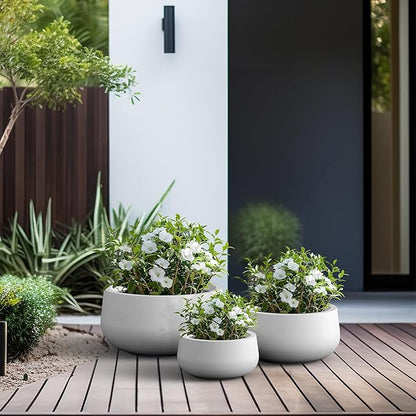 Kante 19.6",15.7",11.8" Dia Round Concrete Planters Set of 3, Outdoor Indoor Garden Plant Pots with Drainage Hole and Rubber Plug, Modern Curvaceous Design, Pure White