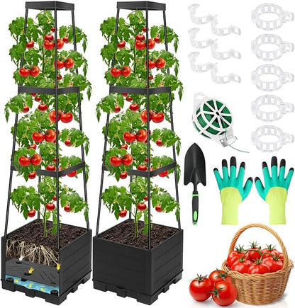 2 Packs Tomato Planter Pot with Raised Bed Trellis, 45" Tomato Cages for Climbing Vegetables, Self Watering Tomato Growing Container Planters Box for Indoor Outdoor Garden Bed Greenhouse