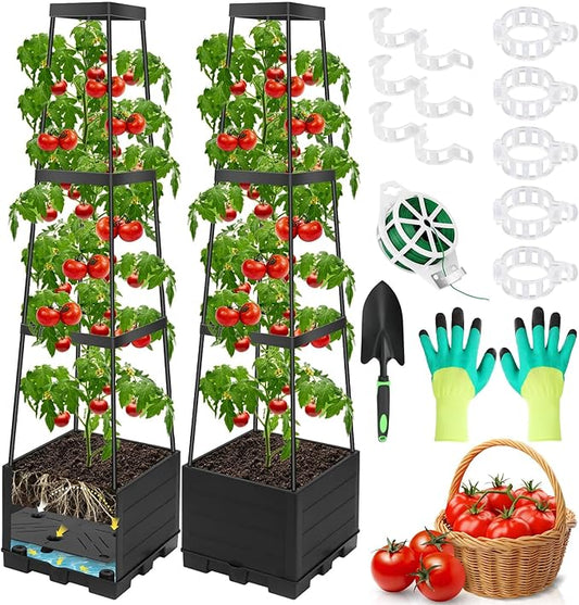 2 Packs Tomato Planter Pot with Raised Bed Trellis, 45" Tomato Cages for Climbing Vegetables, Self Watering Tomato Growing Container Planters Box for Indoor Outdoor Garden Bed Greenhouse