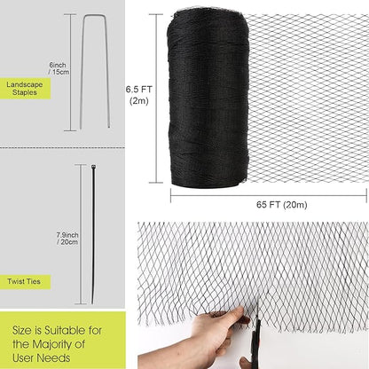 Bird Netting for Garden - 7.5 x 65 FT Heavy Duty Anti Bird Netting Mesh with Ties and Landscape Staples for Vegetable, Fruit Trees & Other Plants, Lasting Against Birds Deer Squirrels and Poultry