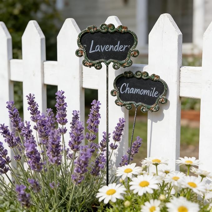 Set of 3 Vintage Green Metal Garden Markers with Chalkboard - Rustic Plant Labels for Indoor/Outdoor Flower Beds, Vegetable Gardens
