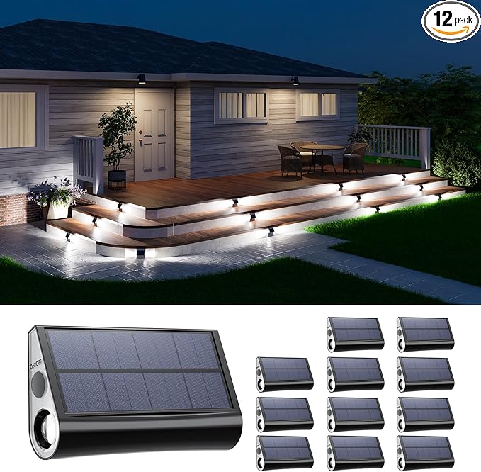 12 Pack Cool White Solar Powered Stair Lights for Outside Waterproof Deck Step Safety LED Ourdoor Decorative Lamp for Porch Railing, Backyard, Patio, Pathway, Garden, Pool, Easy Installation in 1 Min