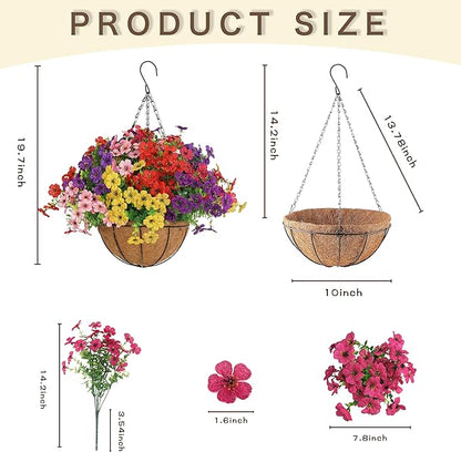 Senjie 12 Bundles Artificial Hanging Flowers with Basket for Outdoor Decor, UV Resistant Faux Flowers Fake Hanging Planter for Porch Patio Balcony