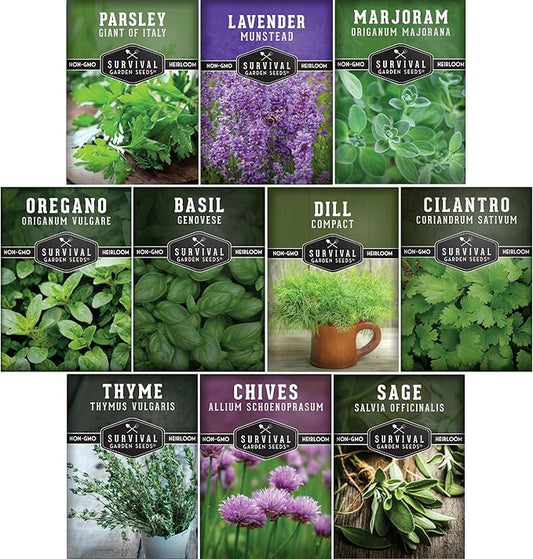 Herb Seeds Variety Pack | 10 Culinary Herbs for Planting – Basil, Cilantro, Lavender, Dill, Parsley, Oregano, Thyme, Sage, Chives, Marjoram – Indoor Kitchen Herb Kit – Survival Garden Seeds