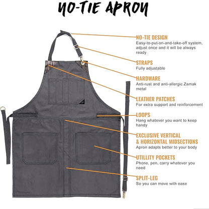 Under NY Sky No-Tie Twill Apron - Leather Reinforcement, Split-Leg