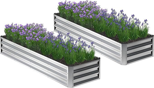 2PCS 8x2x1FT Galvanized Raised Garden Bed,Planter Raised Beds-Metal Garden Box,Large Plant for Outdoor Planting, Vegetables Bed，Flower,herb-Silver