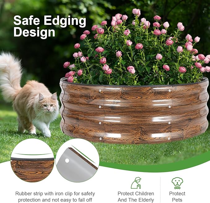 Galvanized Raised Garden Bed- 2Pcs Metal Planter Boxes Outdoor | 12" Tall 36" Round Steel Raised Bed Kit & Fire Pit Ring for Gardening with Protective Tape for Vegetables (Wood Grain)