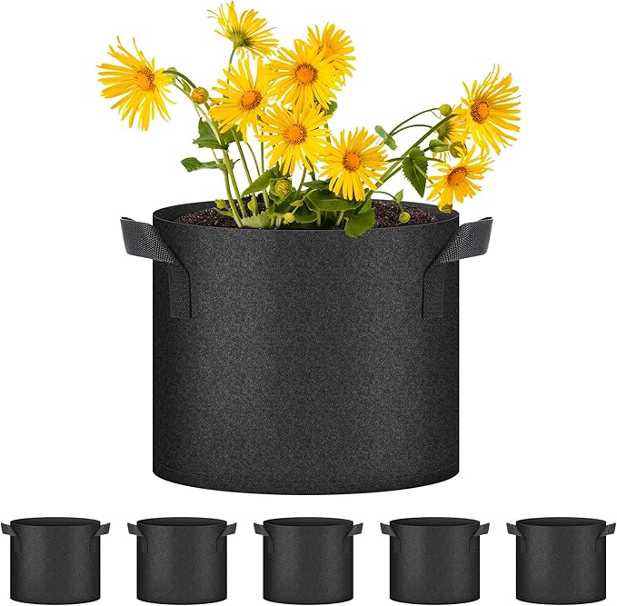 HealSmart 7 Gallon 5 Pack Plant Grow Bags, Tomoato Planter Pots with Handles, Aeration Nonwoven Fabric, Heavy Duty Gardening Planter for Vegetable, Herbs and Flowers, Black