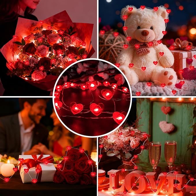 AIKEI 4 Pack Valentines LED Fairy Lights Battery Operated, Red Heart String Lights Waterproof 7 Feet 20 Led Firefly Starry Lighting for Wedding Party Bedroom Table Valentine's Day Decoration