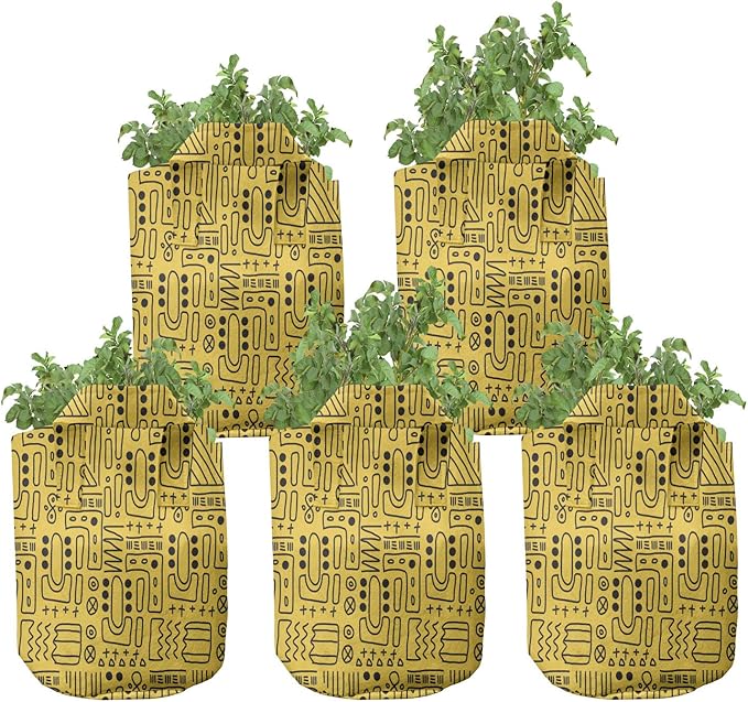 Lunarable Aztec Grow Bags 5-Pack, Geometric Shapes Cultural, Heavyduty Fabric Pots with Handles for Plants, Yellow Black