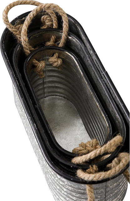 SOFE Rustic Galvanized Tub Small Oval Planter Set of 3, Planters for Indoor Plants, Metal Bucket with Rope Handles, Farmhouse Indoor Plant Pot Home Decor for Outdoor Garden