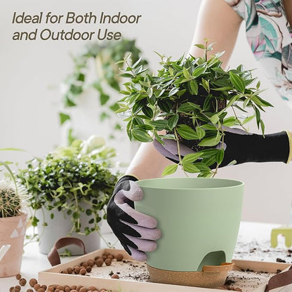 Green Self Watering Pots 5 Pack, Indoor and Outdoor Plant Pots with Wick Rope & Drainage Holes, Easy Watering Lip, Lightweight Plastic Self Watering Planter for Succulents, Houseplants, and Herbs