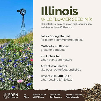 Eden Brothers Illinois Wildflower Mixed Seeds for Planting, 1/4 lb, 120,000+ Seeds with Cosmos, Blanket Flower | Attracts Pollinators, Plant in Spring or Fall, Zones