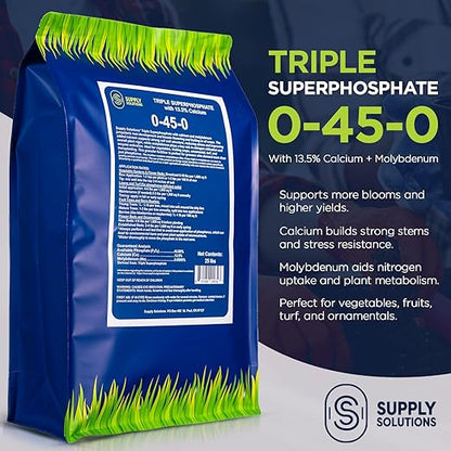 Supply Solutions | 0-45-0 Triple Superphosphate with 13.5% Calcium | High Phosphorus Bloom Booster Fertilizer for Indoor Plants, Flowers, Orchids, Citrus, Lawns, Vegetables & Fruit Trees (25 Pounds)