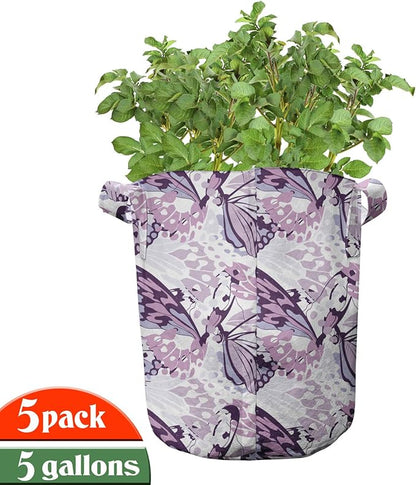 Ambesonne Butterfly Grow Bags 5-Pack, Colorful Silhouettes Art, Heavyduty Fabric Pots with Handles for Plants, Charcoal Blue