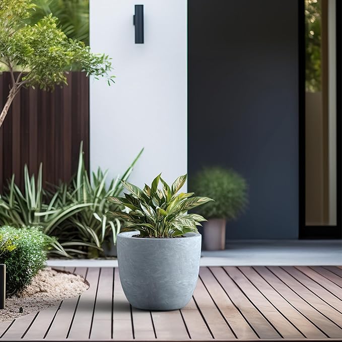 Kante Round Concrete Planter, Large Outdoor Indoor Garden Pots with Drainage Hole, 14-Inch Diameter Flower Pots for Patio, Garden and Home, Slate Gray