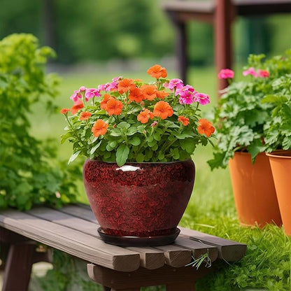 Ceramic Plant Pots - 10 Inch Planters for Plants Indoor Outdoor, Round Plant Pots with Drainage Hole and Saucer, Decorative Indoor Planter, Office Decor, Gifts for Plant Lovers, Red Leopard