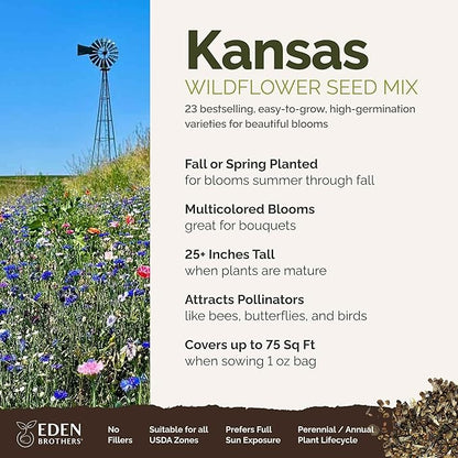 Eden Brothers Kansas Wildflower Mixed Seeds for Planting, 1 oz, 30,000+ Seeds with Candytuft, Cosmos | Attracts Pollinators, Plant in Spring or Fall, Zones