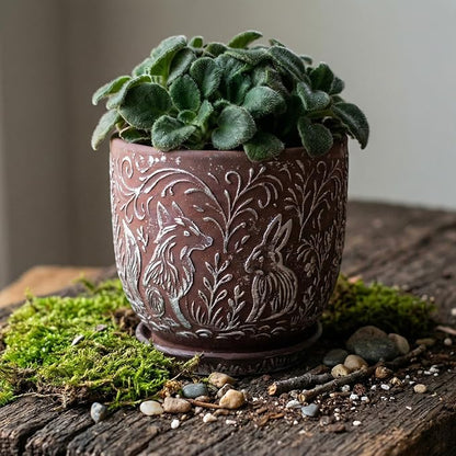 Decorative Ceramic Planter Pot with Saucer, Brown with Gold and Silver Owl Pattern, Indoor Garden Container with Drainage (G&S, 6 inch)