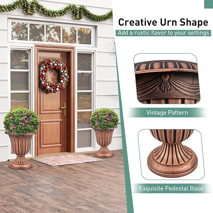 Giantex 18" Tall Vintage Planters Set of 4, Urn Plastic Flower Pots with/Pedestal Base & Pre-Marked Drain Hole, Indoor Outdoor Decorative Plant Containers for Front Porch Home Wedding (Bronze)