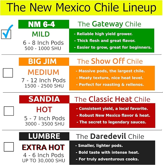 New Mexico 6-4 Chile Seeds from Hatch | Mild Green Chili | Red Chili Peppers | Heritage Non-GMO | Produced for 2026