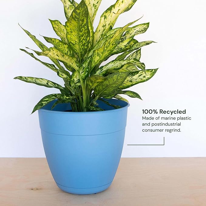 Bloem Dayton Planter with Saucer: 12" - Ocean Blue - 100% Recycled Plastic Pot, Removable Saucer, Elevated Feet, for Indoor and Outdoor Use, Gardening, 3 Gallon Capacity