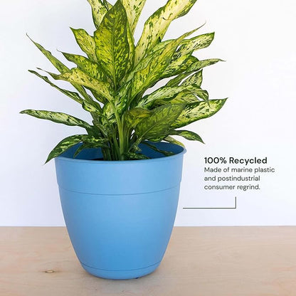 Bloem Dayton Planter with Saucer: 12" - Ocean Blue - 100% Recycled Plastic Pot, Removable Saucer, Elevated Feet, for Indoor and Outdoor Use, Gardening, 3 Gallon Capacity
