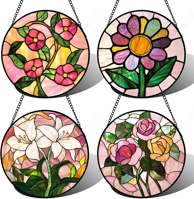 Stained Glass Window Hanging 4 Pcs Set Pink Floral Theme Large 15" - Flowers Suncatcher Door Garden Sun Catcher Decor Birthday Christmas for Mom Woman Nana Men Friend
