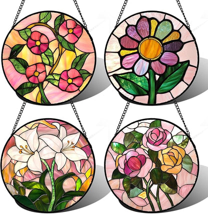 Stained Glass Window Hanging 4 Pcs Set Pink Floral Theme 7.8" - Flowers Suncatcher Door Garden Sun Catcher Decor Birthday Christmas for Mom Woman Nana Men Friend