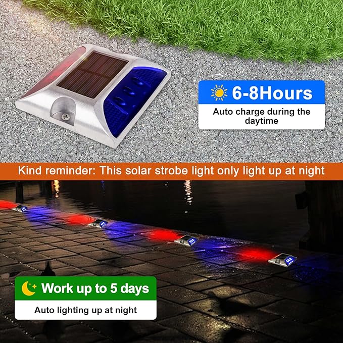Aolyty Solar Driveway Lights Outdoor, Bright Solar Dock Lights, LED Warning Light Reflective Road Marker Steady Light IP65 Waterproof for Deck Sidewalk Stair Step Pathway (Red & Blue, 2 Pack)