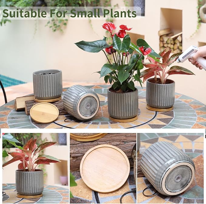TAMAYKIM 5.25 Inch Ceramic Plant Pots with Drainage Holes and Saucers, Modern Vertical Pattern Flower Pots with Trays for Indoor Planters, Snake Plant, Succulent, Cactus and Herbs, Set of 4