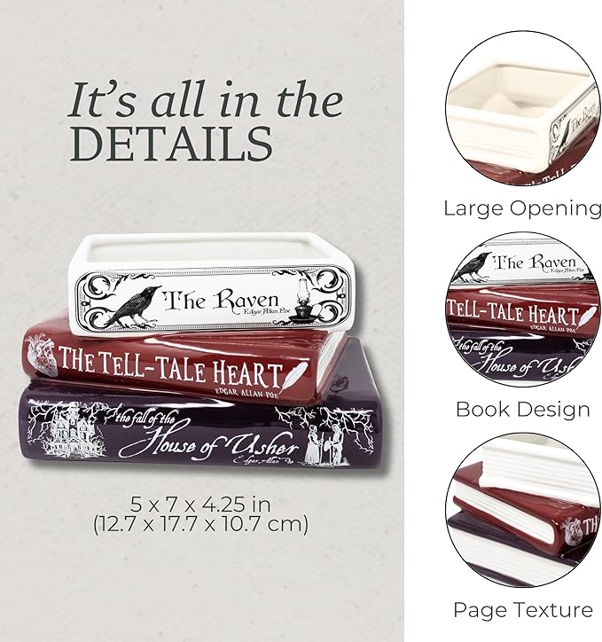 Steel Mill & Co Original Small Book-Shaped Decorative Planter, Ceramic Planter for Home Decor, Gothic Bookshelf Decor, Unique Planter for Book Lover (Edgar Allan Poe)