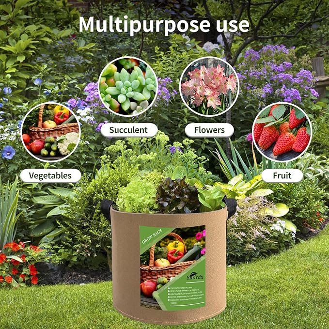 6 Pcs 5 Gallon Grow Bags for Vegetable, Brown Heavy Duty Thickened Nonwoven Fabric Pots with Handles, Durable Breathe Plant Container for Potato, Carrot, Onion, Flower, Indoor and Garden