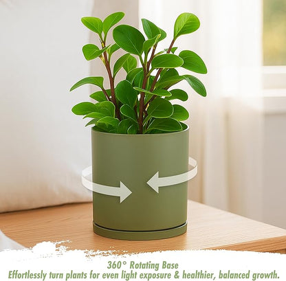D'vine Dev Double-Layer Planter Set – Rotating Plastic Cachepot with Clear Inner Liner for Root Health, Perfect for Indoor Plants, 6.5", Olive, 73-U-C-2