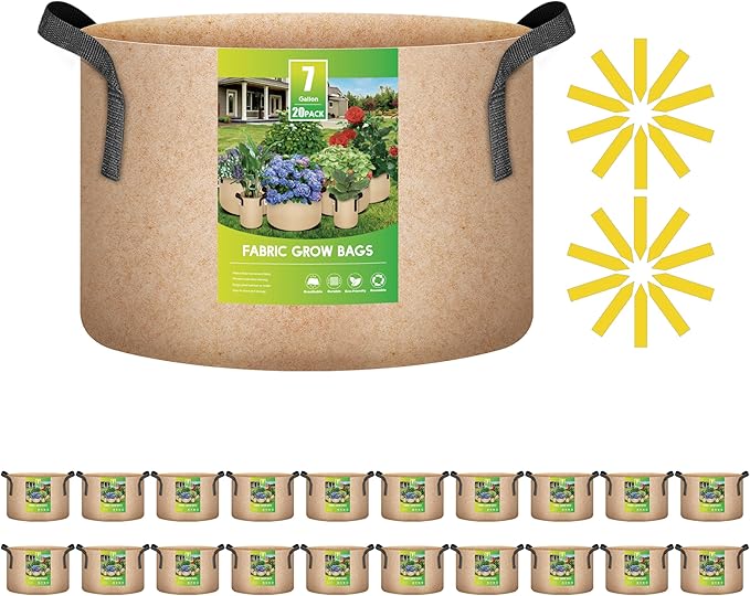 iPower 20-Pack 7 Gallon Grow Bags 300G Thick Nonwoven Aeration Fabric Pots Heavy Duty Plant Containers with Handles for Garden Planting, Tan