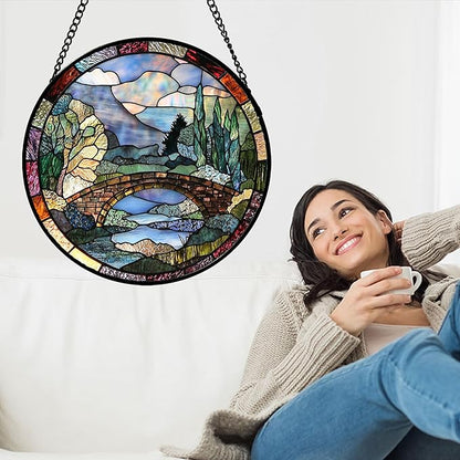 Stained Glass Window Hanging, Blue Landscape Arch Bridge Sun Catcher for Door Home Decor Suncatcher Christmas Mother's Day Birthday Gifts for Women Men Mom and Nana 15 in