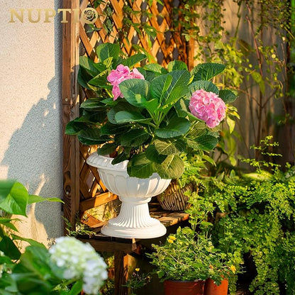 NUPTIO 2 Pcs Classic Urn Planter, 10.23 inches Height Plastic Outdoor Urn, Pedestal Plastic Planter for Garden Front Porch Door, White