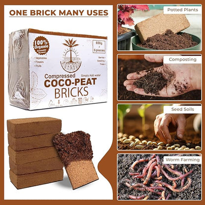 Compressed Coco Coir Bricks – 100% Organic, 650g x 6 Bricks – Expands to 8L Each, Eco-Friendly, Biodegradable, No Chemicals – Ideal for Vegetables, Fruits, Flowers, Seedlings