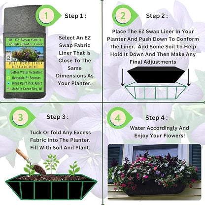 EZ Swap 48 Inch Fabric Trough Coco Liner Replacement for Window Basket Flower Planter - 48" Coconut Coco Fiber Alternative for Hayrack Planters. Use 3+ Seasons - Made in The USA! (2-Pack)