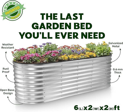 Plant & Plot Galvanized Raised Garden Beds Outdoor // 6×2×2 ft Planter Raised Beds for Gardening, Vegetables, Flowers // Large Metal Garden Box (Silver) // Patented Tool-Free Design