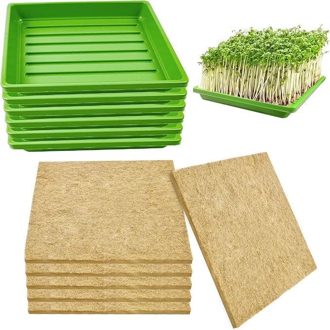 6Set Microgreens Growing Mat with Tray, Microgreen Growing Kit 10″×10″ Wheatgrass Seed Sprouting Starter Mat Hemp Fiber Grow Hydroponic Jute Pad Indoor Organic Production for Germination Sprouts(G)