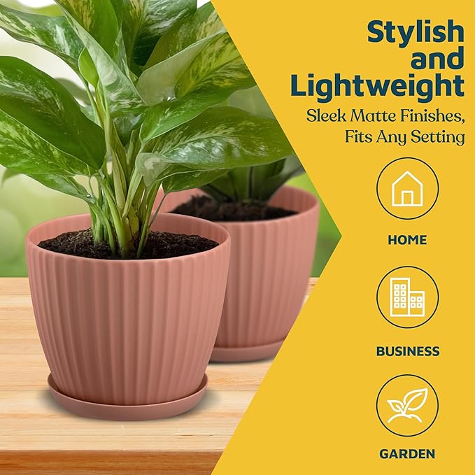 Pink 6-Inch Plant Pots with Drainage & Saucers 6 Pack, Indoor & Outdoor Planters for Houseplants, Herbs, and Flowers, Durable & Weatherproof Material, Stackable, Lightweight, Minimalist Design