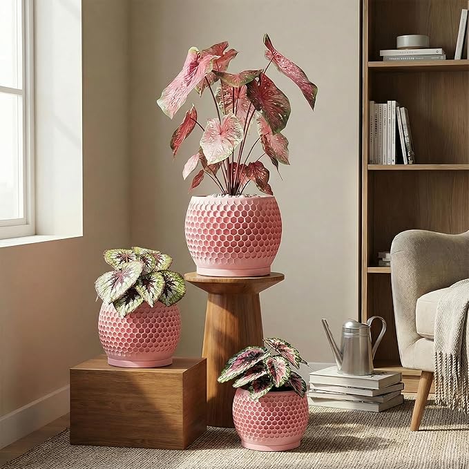 Plant Pots, Modern 3D Printed Honeycomb Planters for Indoor Plants, 4.7/6/8 Inch Cherry Pink Decorative Flower Pot for Office Desktop, Bookshelf & Home Decor, Lightweight & Durable.