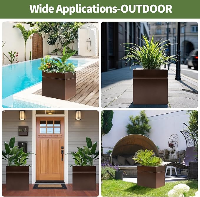 Matel Planter Box 20" L x 20" W x 21" H, Cube Heavy Duty Powder Coating Steel Planters with Drainage Hole, Indoor Outdoor All-Weather Use for Home, Porch, Patio, Garden(Bronze)