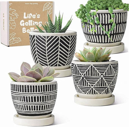 LE TAUCI 3 Inch Boho Succulent Pots, Artisanal Small Succulent Planters, Cement Small Plant Pots for Plants, Box for Mom, Women, Set of 4, Black and Cream White