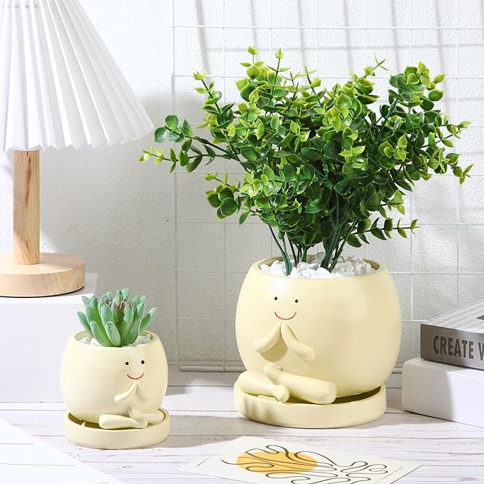 2 Pcs Smile Face Planters Pots with Drainage Hole, 6'' Head Planters 3.6'' Cute Resin Flower Pot for Indoor Plants, Succulent Pots for Plant Lover Gift(Yoga)