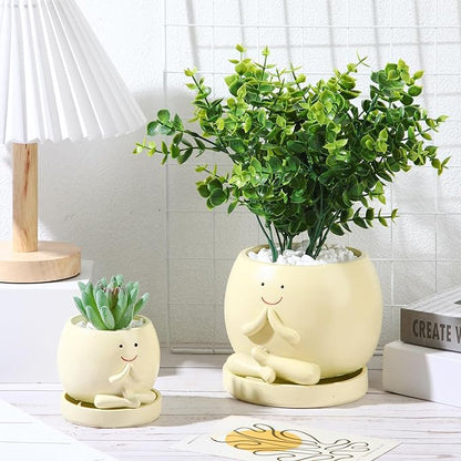 2 Pcs Smile Face Planters Pots with Drainage Hole, 6'' Head Planters 3.6'' Cute Resin Flower Pot for Indoor Plants, Succulent Pots for Plant Lover Gift(Yoga)