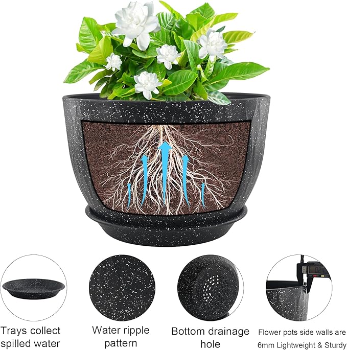 12 inch Large Plant Pots, Flower Pots with Multi-Mesh Drainage Holes and Saucer, Plastic Planters for Indoor and Outdoor Garden Plants (Speckled Black, 12")