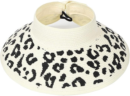 Womens Beach Straw Sun Hats Ponytail Hole Wide Brim Summer Visor Foldable Hat Sun Protection Packable for Travel Pool